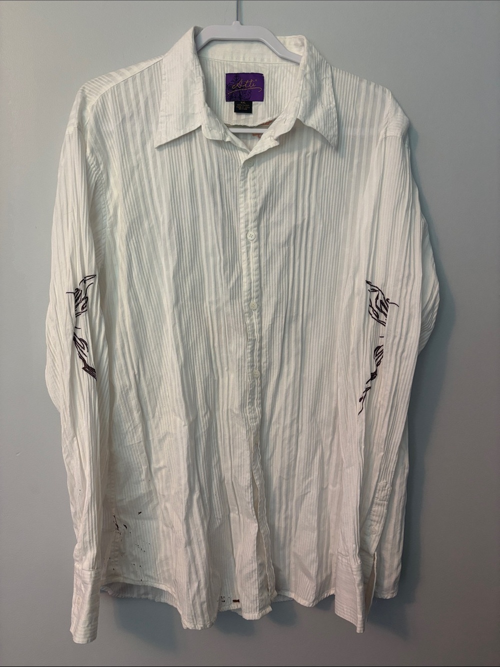 Men's White Long-Sleeve Button-Down Shirt with Sleeve Graphics